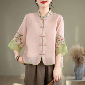 Traditional Chinese Embroidered Cotton Linen Shirt Women Stand Collar Three Quarter Sleeve Loose Fit Color Block Top - Product Image 2