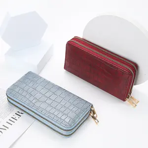 PU leather double zipper pocket wallet with grip hand strap ladies wallet clutch card holder women purses