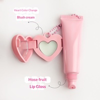 Schattig draagbaar 2-in-1 fruit lipgloss & hartvormige kleurveranderende blushcrème met spiegel sleutelhanger 2 kleuren aangepaste logo