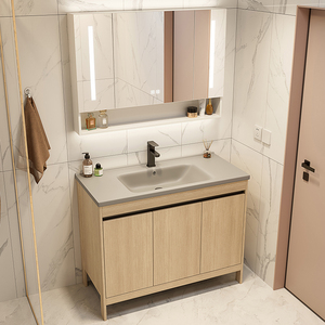 <span class=keywords><strong>Mobile</strong></span> <span class=keywords><strong>Bagno</strong></span> Moderno in Alluminio Rovere Chiaro con Ante in Fibra di Carbonio, 3 Cassetti, Lavabo in Ceramica Grigia e Specchio Retroilluminato a LED - Product Image 3