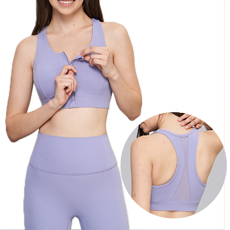 Wholesale High Support Racer Back Mesh Sports Women Workout Fitness Front Zip Shockproof Fixed Pads Training Wear Gym Yoga Bra