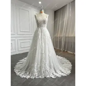 Women Bohemian Square Neckline Lace Applique A-line Wedding Dresses Elegant Bespoke Bridal Luxury Beading Beach Gown Plus Size