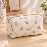 Pochette zippée en velours côtelé à imprimé floral de lapin de dessin animé, étiquette personnalisée, sac de rangement cosmétique portable, organiseur de maquillage de voyage