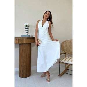 Robe de soirée élégante blanche en satin, sans bretelles, coupe trapèze, dos nu, taille naturelle, anti-plis - Product Image 5