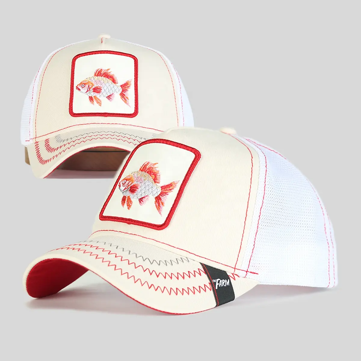 Grosir topi sulam ikan Patch hewan topi pertanian 5 Panel Mesh topi Trucker mode kustom topi olahraga berpori