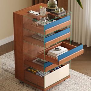 Solid Wood And Glass <b>Side</b> <b>Table</b> 5 Tier Movable <b>Storage</b> Cabinet For Living Room Coffee <b>Table</b> - Product Image 4