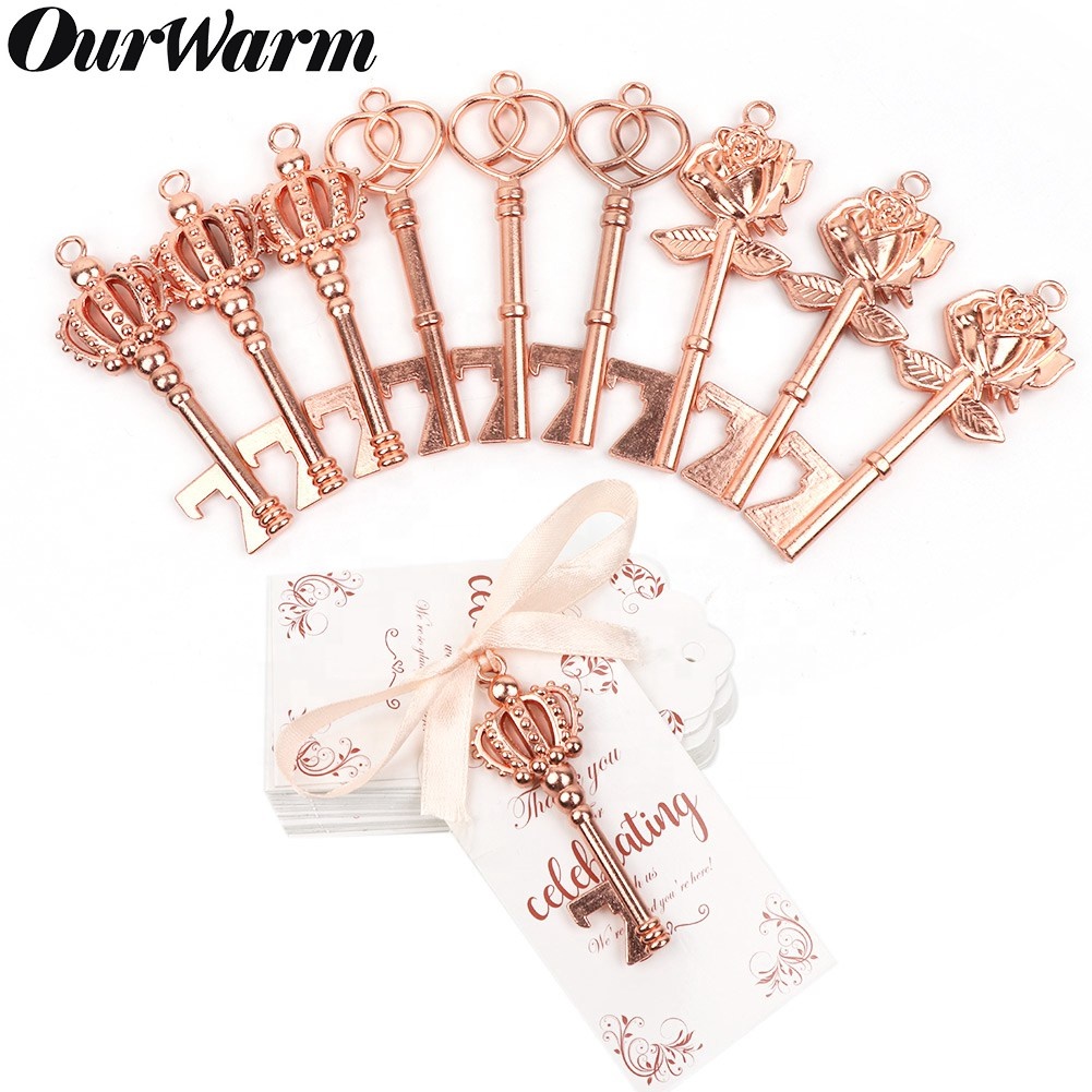 OurWarm 10pcs Rose Gold Key Bottle Opener with Thank You Paper Tags for Wedding guests souvenirs Favors