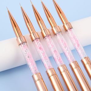 Pinceau double embout pour nail art, or rose, poils synthétiques, strass, virole en cuivre, plat, pour dessin floral, stylo de peinture gel pour ongles - Product Image 1