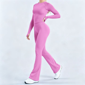 Nouvel ensemble de yoga pour <span class=keywords><strong>femme</strong></span> L-03 – Tenue de sport sans couture avec pantalon évasé et haut à manches longues pour la gym, le fitness, l'entraînement et la course à pied - Product Image 4
