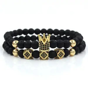 2022 Men's Jewelry Pulseira 2Pcs/set Matte Black Onyx Stone Beads CZ Royal Crown Bracelet Sets Micro Paved CZ Charm Bracelet