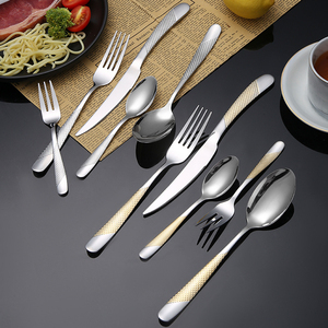 Ensemble de couverts modernes en acier inoxydable avec poignées texturées dorées, compatibles lave-vaisselle, pour mariage, couteau, fourchette, cuillère, vaisselle de table - Product Image 5