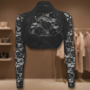 Haut court à manches longues pour femme, noir, imprimé dentelle, en maille, pour la danse sur scène, chemise de performance pour adulte - Product Image 1