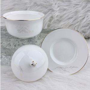 Pot à ragoût individuel en porcelaine fine, motif floral avec bordure dorée, bol à soupe couvert avec soucoupe assortie pour l'hôtellerie - Product Image 2