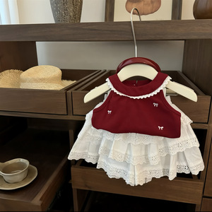 Ballet Aesthetics Red Embroidered Vest Hollow Cake Skirt Set For Baby Girls Cotton Thin Solid Color Performance Wear - Product Image 1