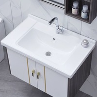 Vanité de salle de bain en PVC de couleur claire, armoire de salle de bain en contreplaqué, membrane en PVC, solide avec miroir et bassin, hôtel et maison