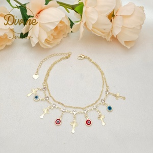 थोक हॉट सेलिंग डबल लेयर एडजस्टेबल आंख एंकलेट पीतल मिश्र धातु 14k कुंवारी क्रॉस - Product Image 6