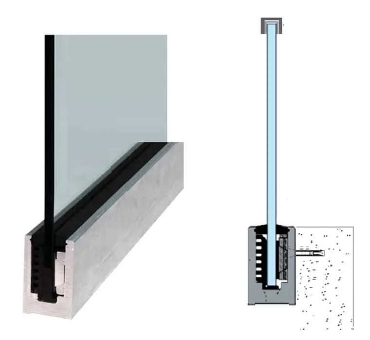 Balaustra in vetro montata lateralmente su slitta in vetro con canale a u in alluminio