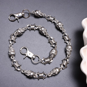 โซ่คาดเอวแบบสองด้านลายหัวกะโหลกประดับเพชร สไตล์ทิเบต สีเงิน แฟชั่นฮิปฮอป โซ่คาดเอวชั้นเดียว สำหรับใส่ทุกวัน - Product Image 1