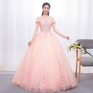Off The Shoulder Floral Tulle Evening Dress Nude Pink Empire Waist Formal Gown For Wedding Party Coming Of Age Ceremony - Product Image 1