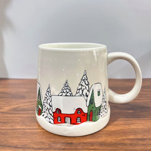 Venta caliente lindo dibujos animados Beige verde <span class=keywords><strong>pueblo</strong></span> nieve árbol invierno casa Navidad decoración cerámica saludo café agua taza conjunto - Product Image 5