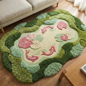 Moss Pink Koi Fish Wool Rug Irregular Hand Tufted Pond Inspired Area Carpet Custom Decorative <b>Floor</b> <b>Mat</b> <b>for</b> Bedroom Living Room - Product Image 2