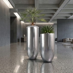 Jardinières en fibre de verre sur mesure, grandes, argentées métalliques, pots de fleurs décoratifs pour la décoration intérieure des halls d'hôtels et des bâtiments commerciaux - Product Image 3