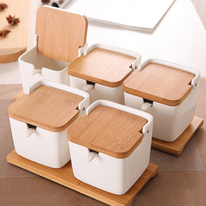 Cucina Spezia Vaso di Porcellana Zucchero Stoccaggio del Sale Pepe Vasi Coperchio del Contenitore Cucchiaio di <span class=keywords><strong>Ceramica</strong></span> Box Condimento Condimento Cremagliera - Product Image 2