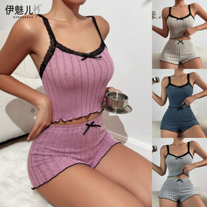New cross-border European and American style stretchy pajamas for women, imitation cotton fleece ribbed loungewear, <b>suspender</b> - Product Image 1
