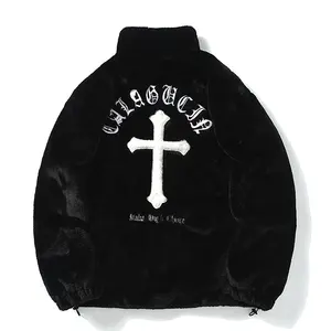 Men Rabbit Fur Jacket Coats Hip Hop Cross Letters Winter Fleece Jacket Streetwear Casual Harajuku Coat Zip Up Fashion Outerwear