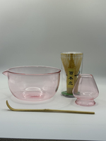 Bol à matcha japonais personnalisé pour la cérémonie du thé, bol à thé en verre martelé et accessoires, bol à matcha en verre rose avec bec verseur