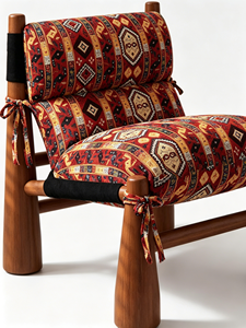 Chaise longue en bois massif de style bohème, chaise d'appoint en tissu à motifs ethniques rouges pour salon et chambre à coucher - Product Image 6