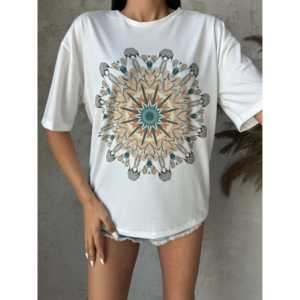 Camiseta Básica con Estampado de Mandala para Mujer, 100% Algodón Jersey, Transpirable, Manga Regular, Impresión Digital - Product Image 4