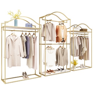 Espositore per <span class=keywords><strong>Abbigliamento</strong></span> a Doppio Strato con Scaffali in Ferro Dorato e Asta Appendiabiti per <span class=keywords><strong>Negozi</strong></span> <span class=keywords><strong>di</strong></span> <span class=keywords><strong>Abbigliamento</strong></span> <span class=keywords><strong>Femminile</strong></span> - Product Image 3