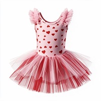 Tutu de ballet à motif cœur imprimé numériquement pour enfants, avec manches courtes et nœud en tulle, robe de danse une pièce en polyester et élasthanne