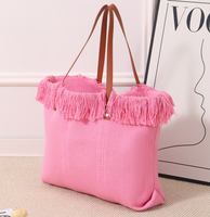 Sac fourre-tout Hobo en toile tissée avec pompons, grande capacité, pour usage quotidien, étudiants et navetteurs, couleur macaron, style plage de luxe
