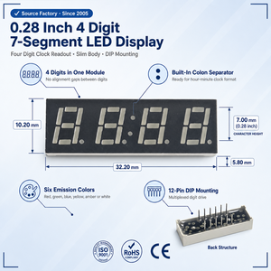 Module d'affichage LED professionnel à 7 segments, 4 chiffres, 0,28 pouce, conçu pour l'utilisation en équipement d'affichage d'horloges-radios et de réveils - Product Image 2