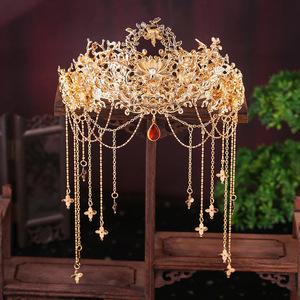 סיכת ראש לחתונה של כלה בסיטונאות באיכות גבוהה עם ציצית סינית עתיקה סִגְנוֹן אביזר מצופה זהב כתר אדום - Product Image 2