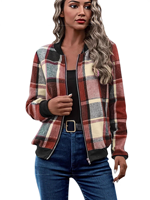 Veste bomber à carreaux de haute qualité pour femmes, fermeture éclair, manches longues, col baseball, tissu polyester, vêtements d'extérieur décontractés pour l'automne