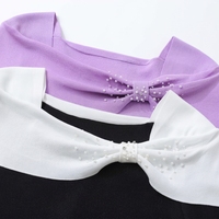 Blusa de punto elegante para mujer con cuello barco, decoración de lazo con perlas hechas a mano, hombros descubiertos, manga midi, ajuste ceñido, color morado