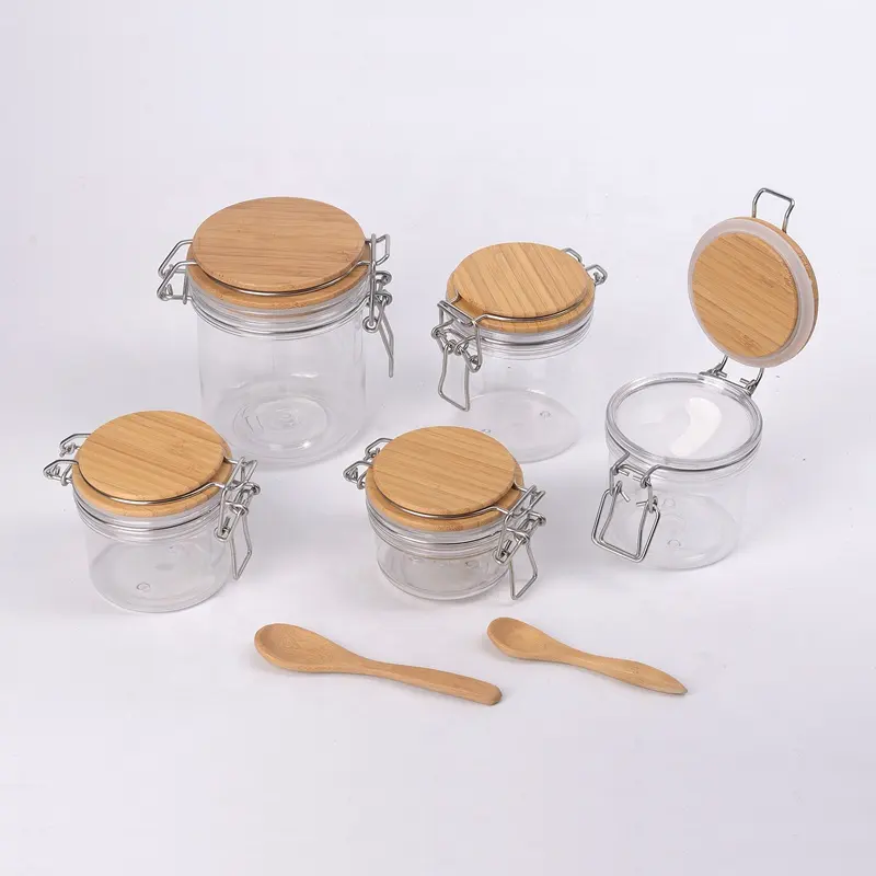 storage jar food container 100ml 120ml 150ml 200ml 250ml plastic pet jar with bamboo lid for food packaging