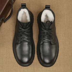 Bottes Martin en cuir véritable, bout rond, doublure en fourrure, semelle en caoutchouc, isolantes pour l'hiver, décontractées pour hommes, à lacets - Product Image 1