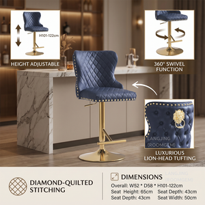 Tabouret de <span class=keywords><strong>Bar</strong></span> Haut de Gamme à Tête de Lion Capitonnée en Velours et Cuir avec Clous, Base Métallique <span class=keywords><strong>Pivotante</strong></span> Or et Argent, Idéal pour <span class=keywords><strong>Table</strong></span> de <span class=keywords><strong>Bar</strong></span> avec Dossier - Product Image 3