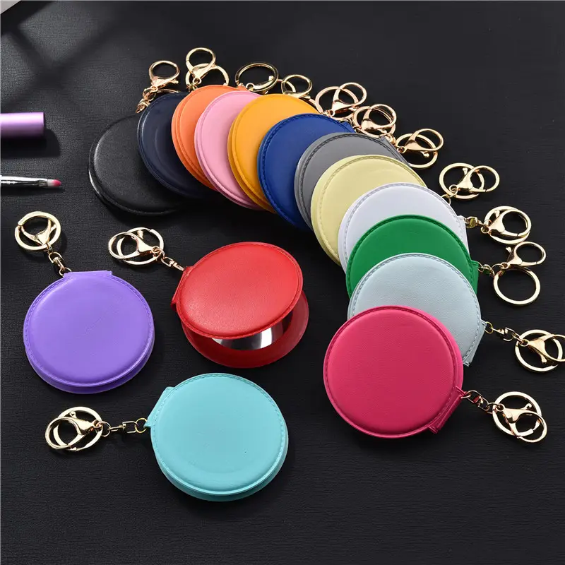 Mini miroir rond double face en cuir pu, joli porte-clés de poche pliable, petit miroir portable, vente en gros