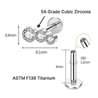 Anting-anting titanium zirkon berlapis emas 18K kualitas implan ASTM F136 JIAXIN, ulir dalam, untuk helix, tragus, bibir, pernikahan, dan aksesori tubuh.