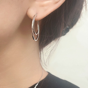 Silver S925 Sterling Silver Double Ring <b>Cuff</b> <b>Earrings</b> Geometric Design Everyday Wear - Product Image 1