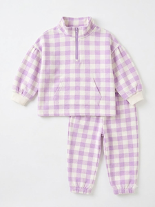 Ensemble pull mi-zippé à carreaux et jogging pour enfants, survêtement doux à col montant pour filles, vêtements assortis pour jumelles, collection automne pour enfants - Product Image 6