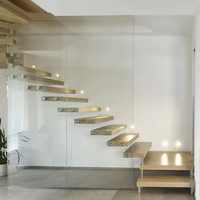 CBMMart Design moderne pour escaliers d'intérieur en bois massif avec marches en noyer Escaliers flottants Rampe en verre trempé Système d'escalier avec main courante