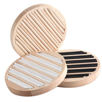 Expositor de Anillos Redondo de Madera Maciza de Lujo con Incrustaciones de Terciopelo y Cuero Multicolor, Accesorios de Exhibición de Joyería Premium para Anillos
