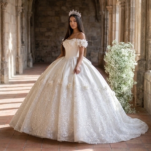 Xs268 Strapless Off-The-Shoulder <b>Wedding</b> Dress With Lace-Up Back Pearls Appliques Bow Bridal Gown Jancember - Product Image 1