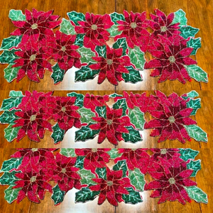 Embroidered Poinsettia <b>Table</b> <b>Runner</b> Red Green Floral Design Traditional Home Decor Polyester - Product Image 1